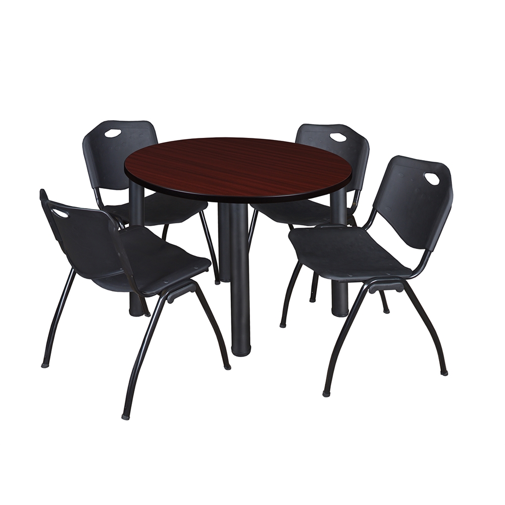 Kee 36" Round Breakroom Table- Mahogany/ Black & 4 'M' Stack Chairs- Black. Picture 1