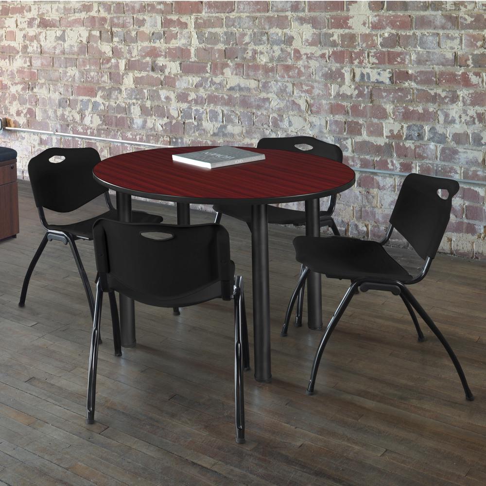 Kee 36" Round Breakroom Table- Mahogany/ Black & 4 'M' Stack Chairs- Black. Picture 2