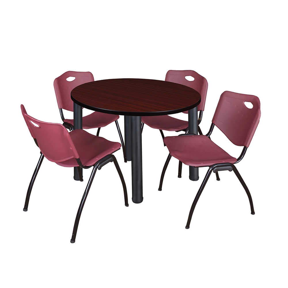 Kee 36" Round Breakroom Table- Mahogany/ Black & 4 'M' Stack Chairs- Burgundy. Picture 1