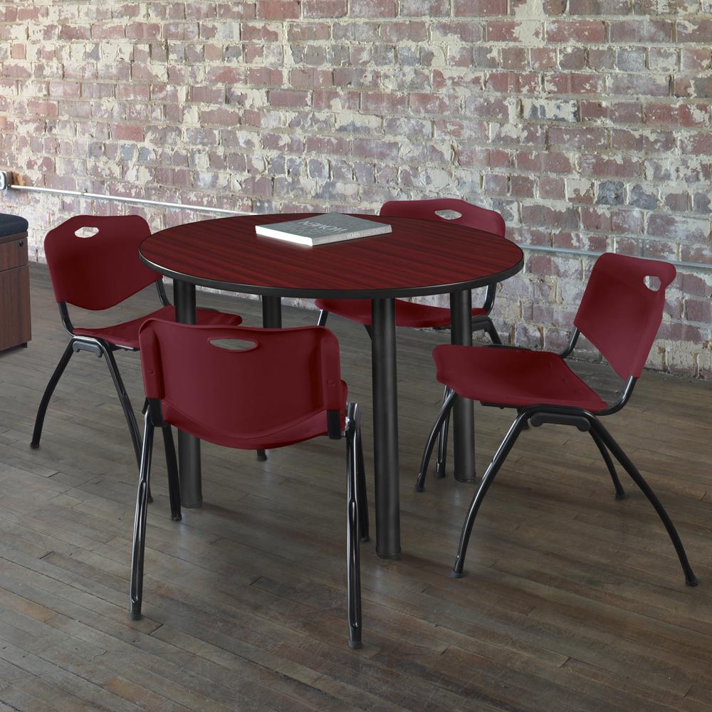 Kee 36" Round Breakroom Table- Mahogany/ Black & 4 'M' Stack Chairs- Burgundy. Picture 2