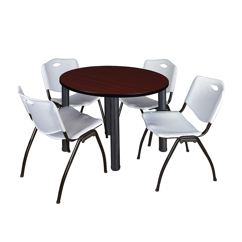 Kee 36" Round Breakroom Table- Mahogany/ Black & 4 'M' Stack Chairs- Grey. Picture 1