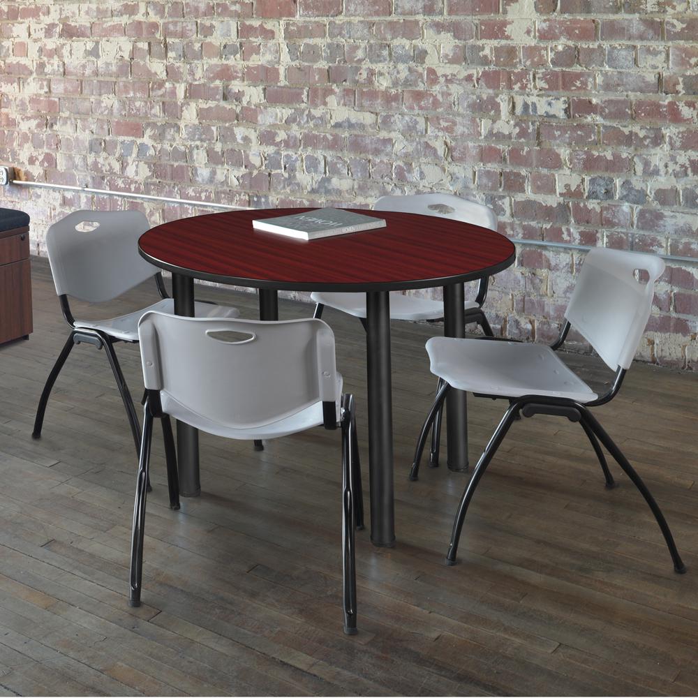 Kee 36" Round Breakroom Table- Mahogany/ Black & 4 'M' Stack Chairs- Grey. Picture 2
