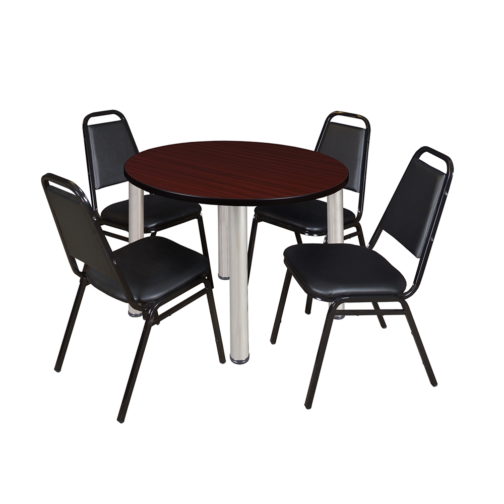 Kee 36" Round Breakroom Table- Mahogany/ Chrome & 4 Restaurant Stack Chairs- Black. Picture 1