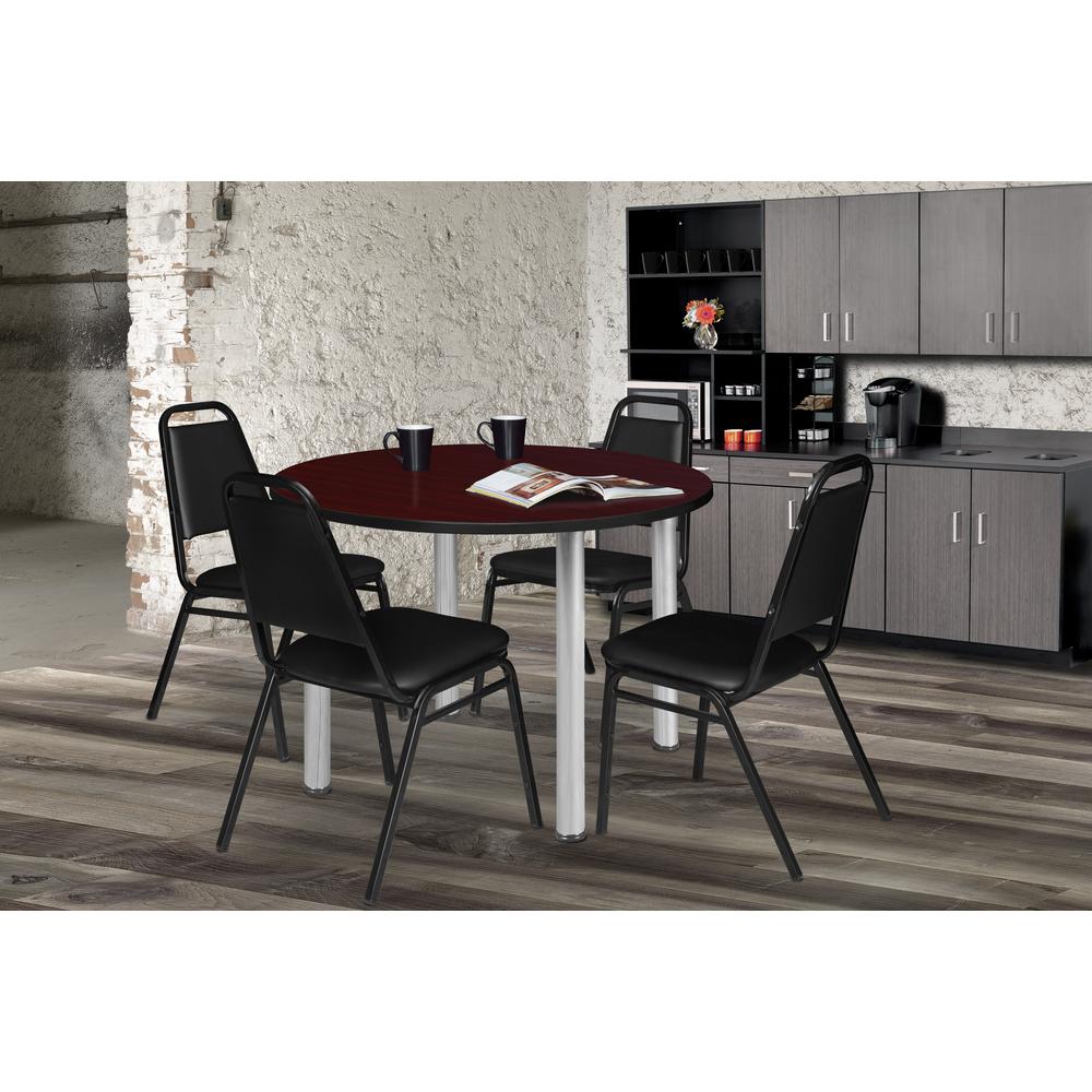 Kee 36" Round Breakroom Table- Mahogany/ Chrome & 4 Restaurant Stack Chairs- Black. Picture 2