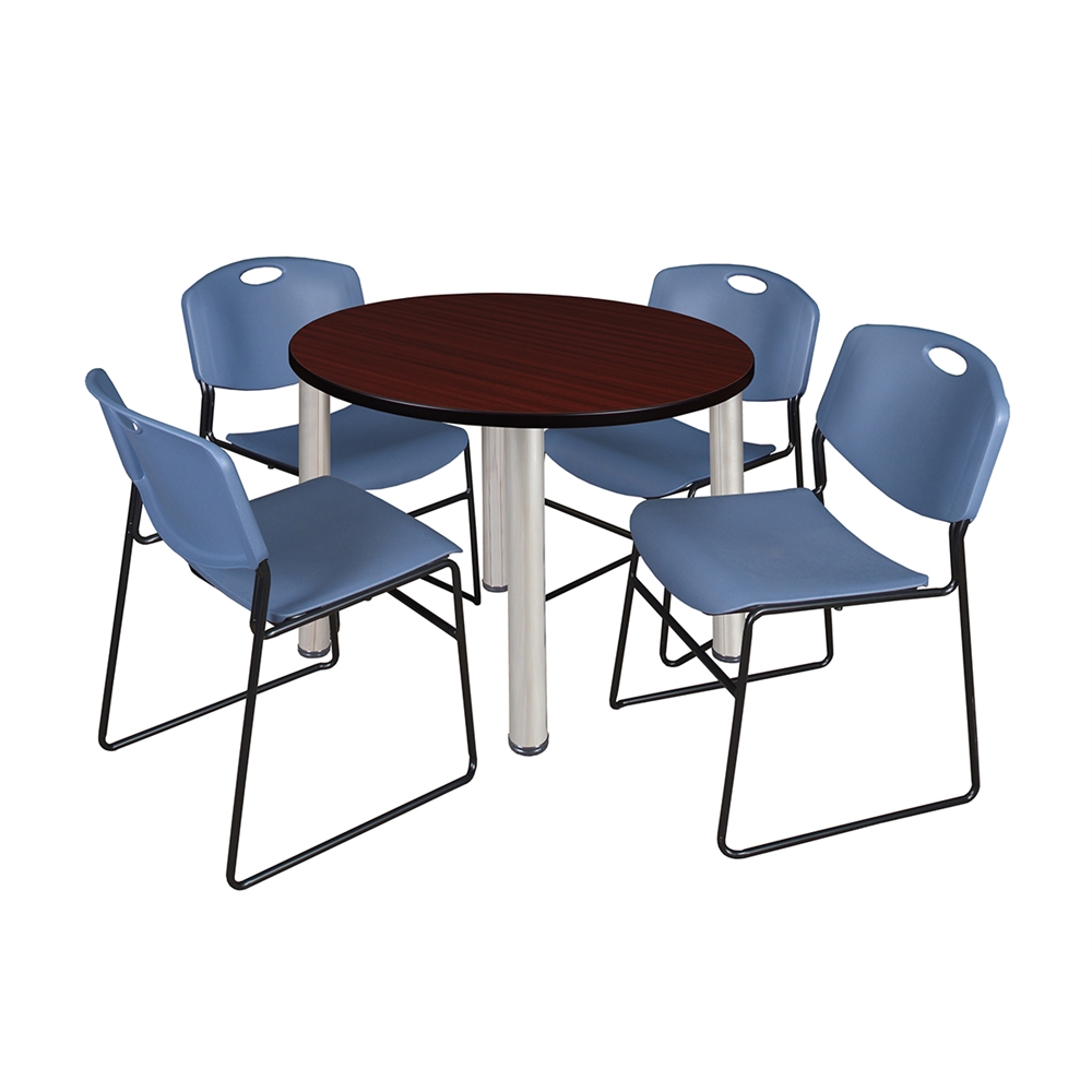 Kee 36" Round Breakroom Table- Mahogany/ Chrome & 4 Zeng Stack Chairs- Blue. Picture 1