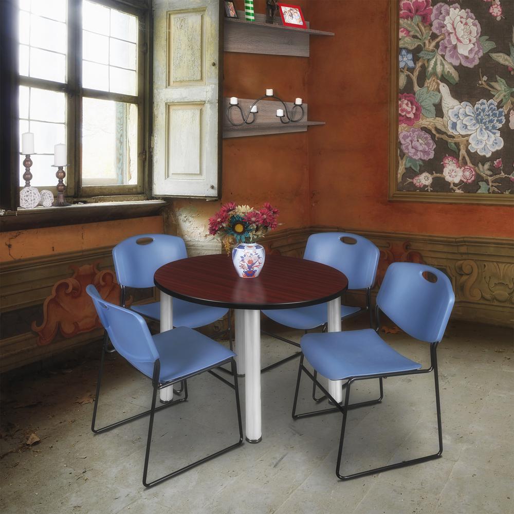 Kee 36" Round Breakroom Table- Mahogany/ Chrome & 4 Zeng Stack Chairs- Blue. Picture 2