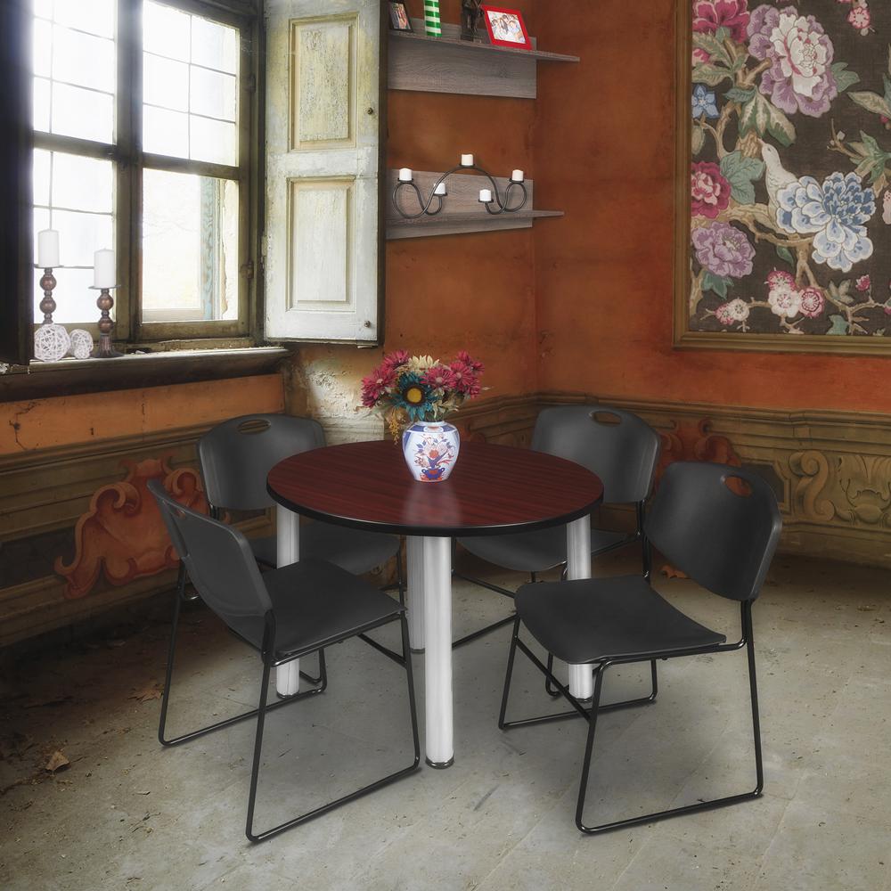 Kee 36" Round Breakroom Table- Mahogany/ Chrome & 4 Zeng Stack Chairs- Black. Picture 2