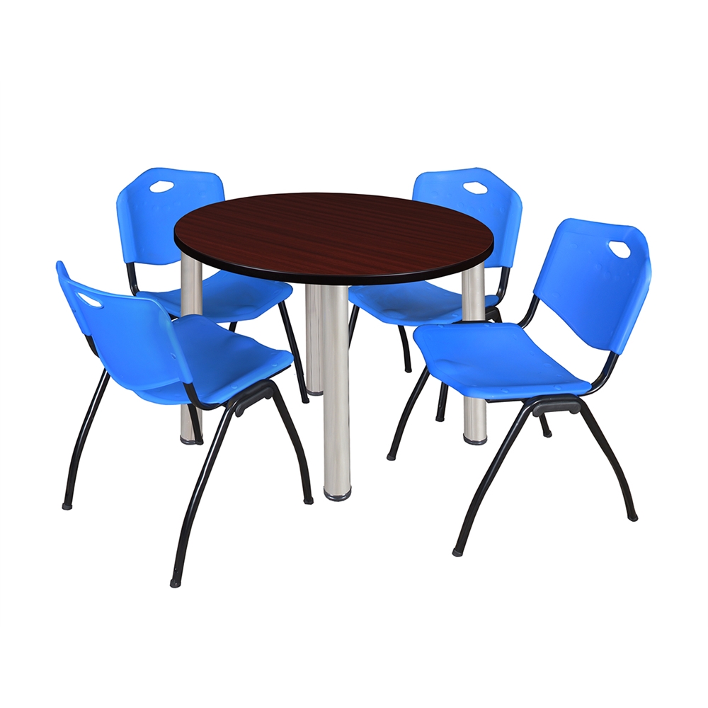 Kee 36" Round Breakroom Table- Mahogany/ Chrome & 4 'M' Stack Chairs- Blue. Picture 1