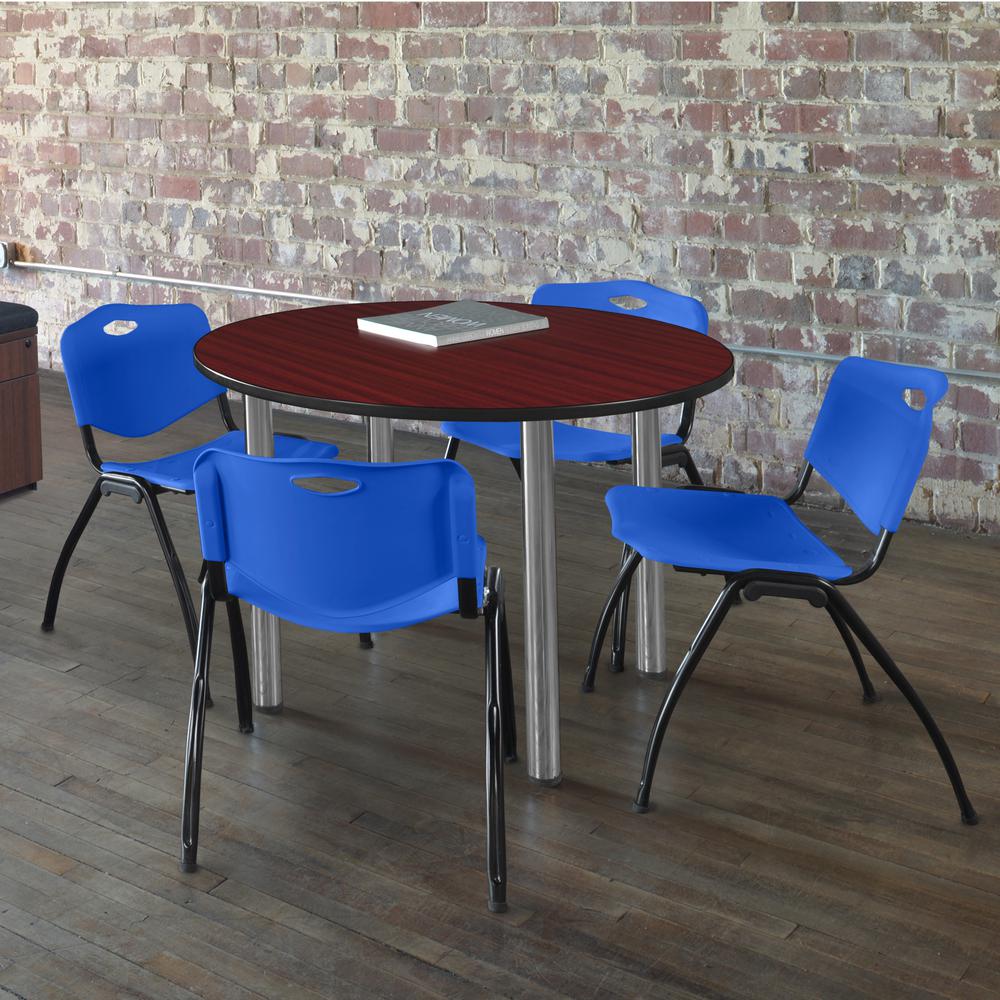 Kee 36" Round Breakroom Table- Mahogany/ Chrome & 4 'M' Stack Chairs- Blue. Picture 2