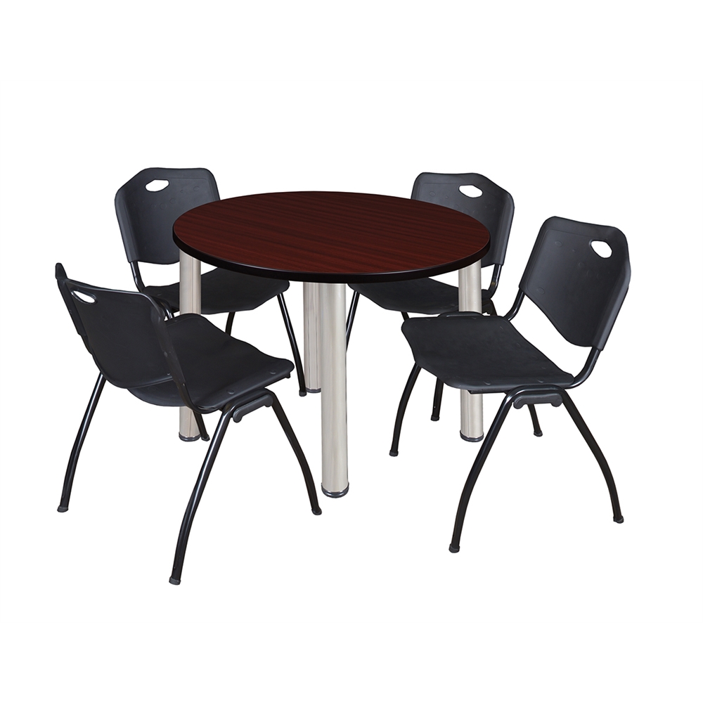 Kee 36" Round Breakroom Table- Mahogany/ Chrome & 4 'M' Stack Chairs- Black. Picture 1