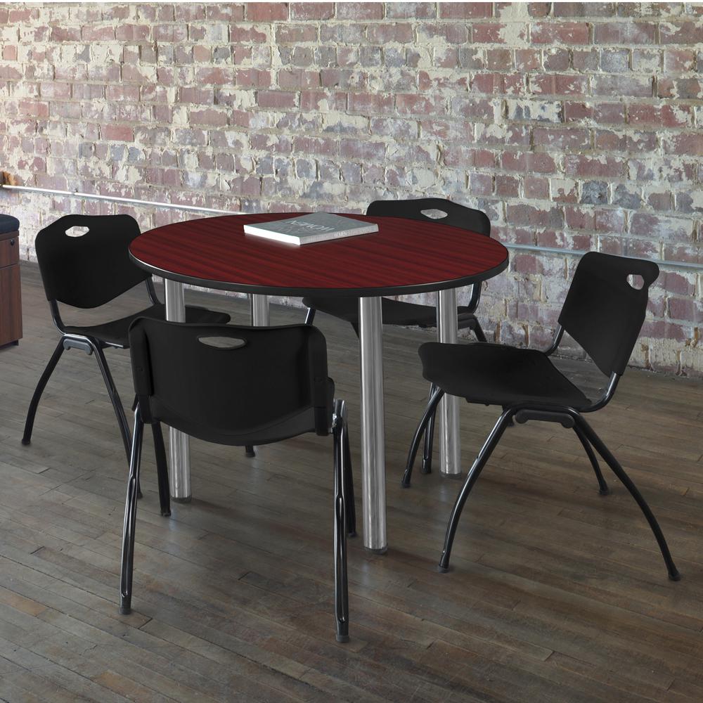 Kee 36" Round Breakroom Table- Mahogany/ Chrome & 4 'M' Stack Chairs- Black. Picture 2