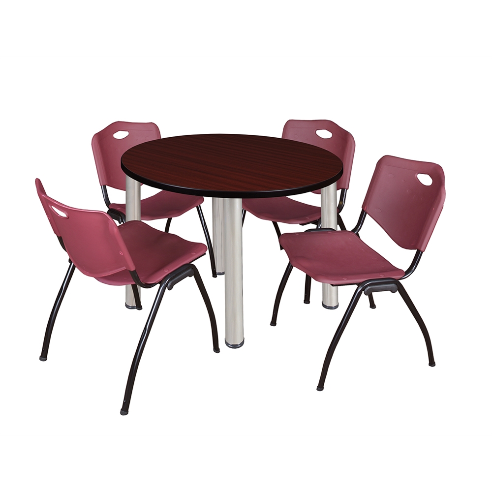 Kee 36" Round Breakroom Table- Mahogany/ Chrome & 4 'M' Stack Chairs- Burgundy. Picture 1