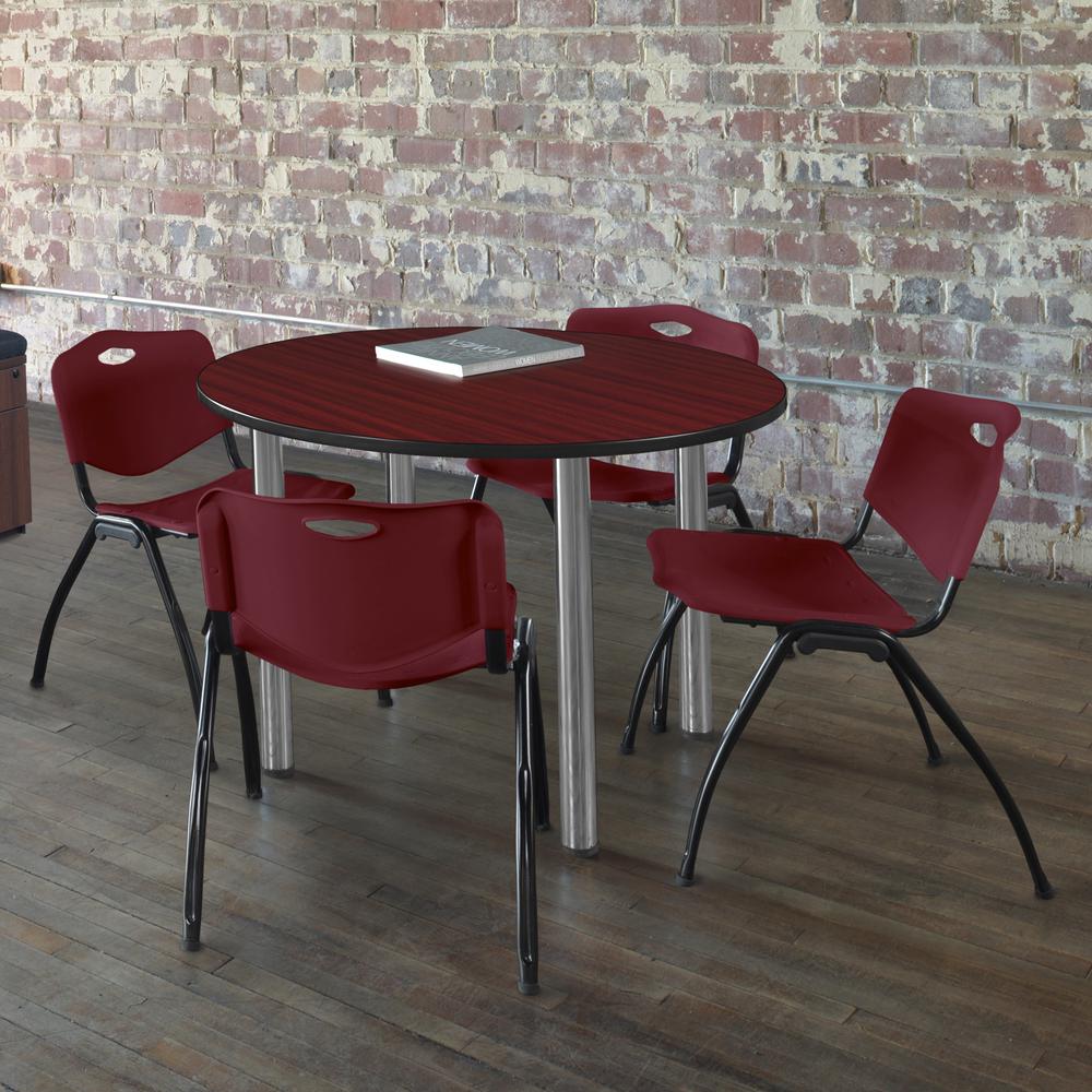 Kee 36" Round Breakroom Table- Mahogany/ Chrome & 4 'M' Stack Chairs- Burgundy. Picture 2