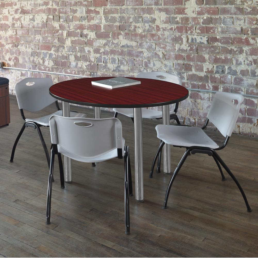 Kee 36" Round Breakroom Table- Mahogany/ Chrome & 4 'M' Stack Chairs- Grey. Picture 2
