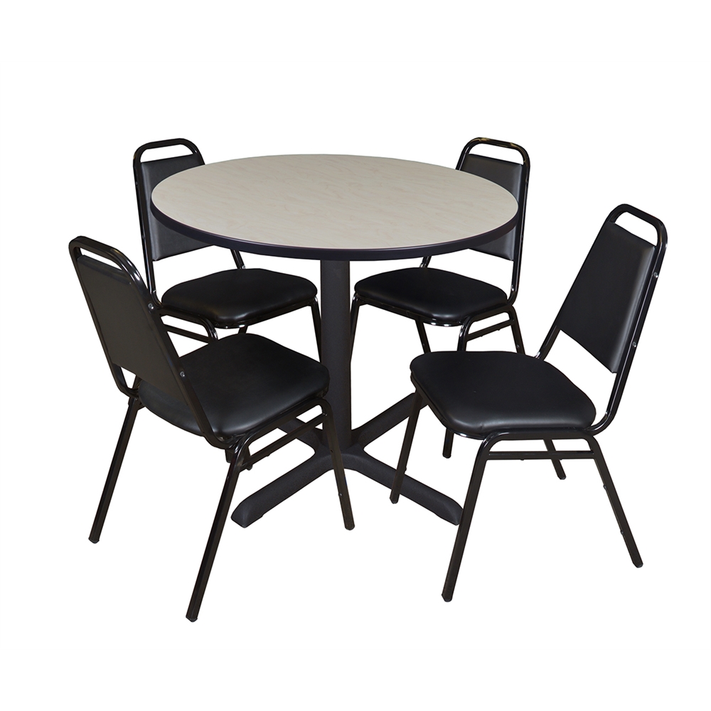 Cain 36" Round Breakroom Table- Maple & 4 Restaurant Stack Chairs- Black. Picture 1