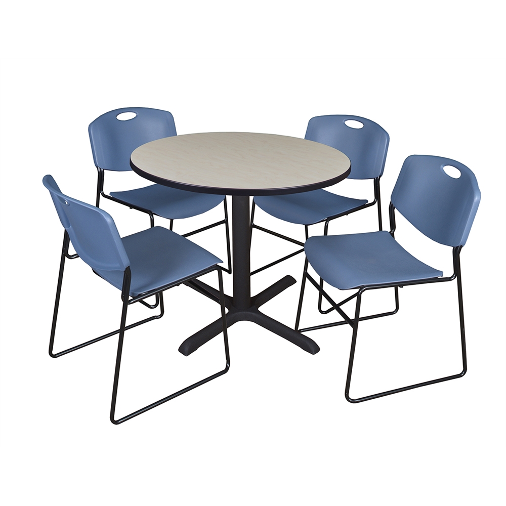 Cain 36" Round Breakroom Table- Maple & 4 Zeng Stack Chairs- Blue. Picture 1
