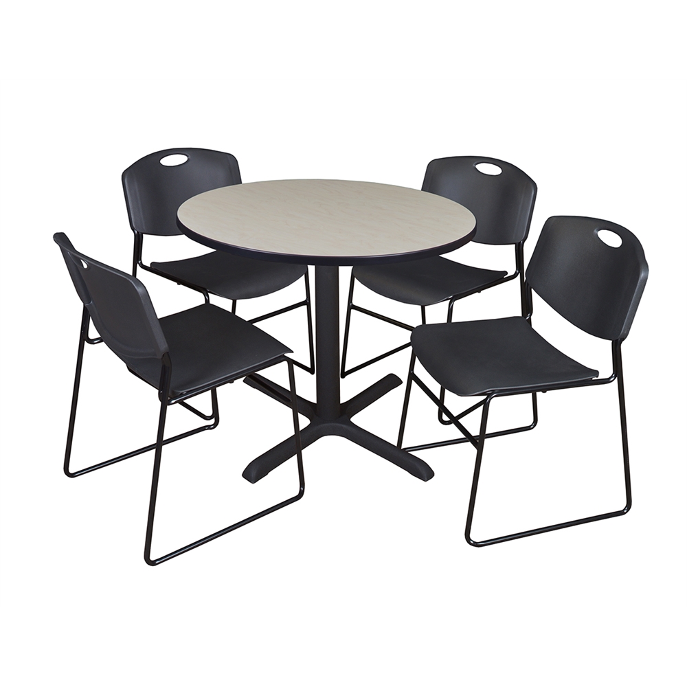 Cain 36" Round Breakroom Table- Maple & 4 Zeng Stack Chairs- Black. Picture 1