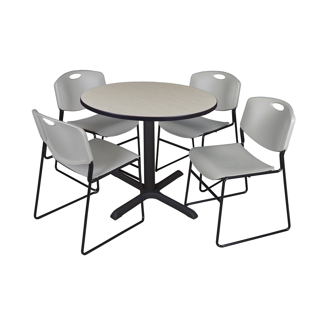 Cain 36" Round Breakroom Table- Maple & 4 Zeng Stack Chairs- Grey. Picture 1