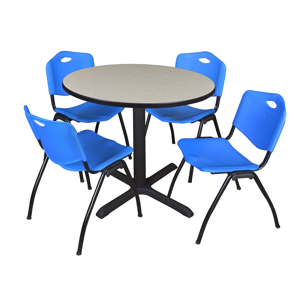 Cain 36" Round Breakroom Table- Maple & 4 'M' Stack Chairs- Blue. Picture 1