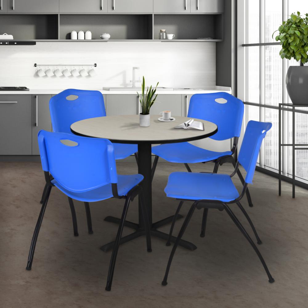 Cain 36" Round Breakroom Table- Maple & 4 'M' Stack Chairs- Blue. Picture 2