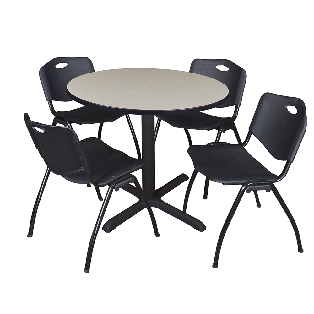 Cain 36" Round Breakroom Table- Maple & 4 'M' Stack Chairs- Black. Picture 1