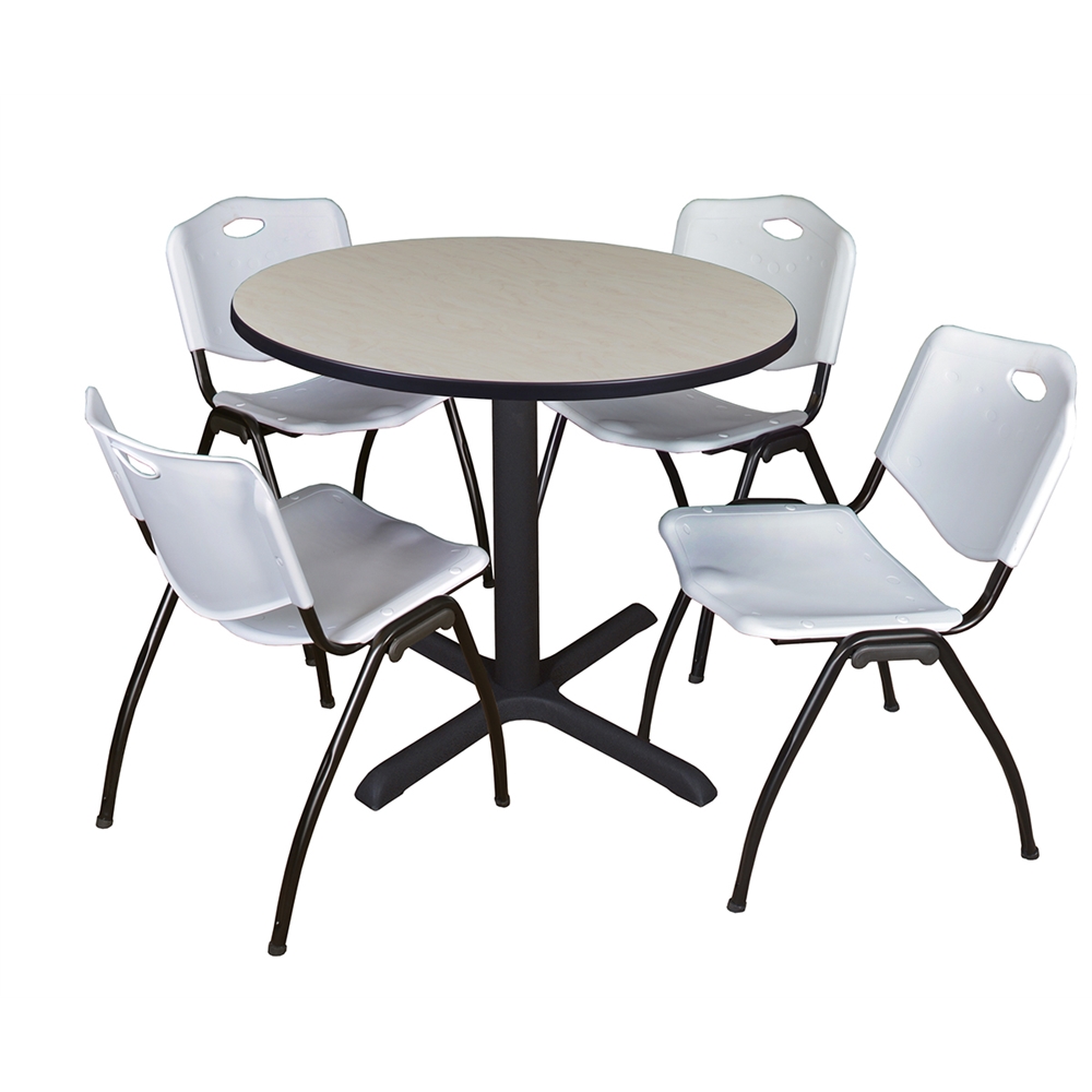 Cain 36" Round Breakroom Table- Maple & 4 'M' Stack Chairs- Grey. Picture 1