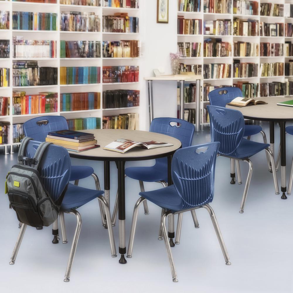 Kee 36" Round Height Adjustable Classroom Table - Maple & 4 Andy 18-in Stack Chairs- Navy Blue. Picture 6