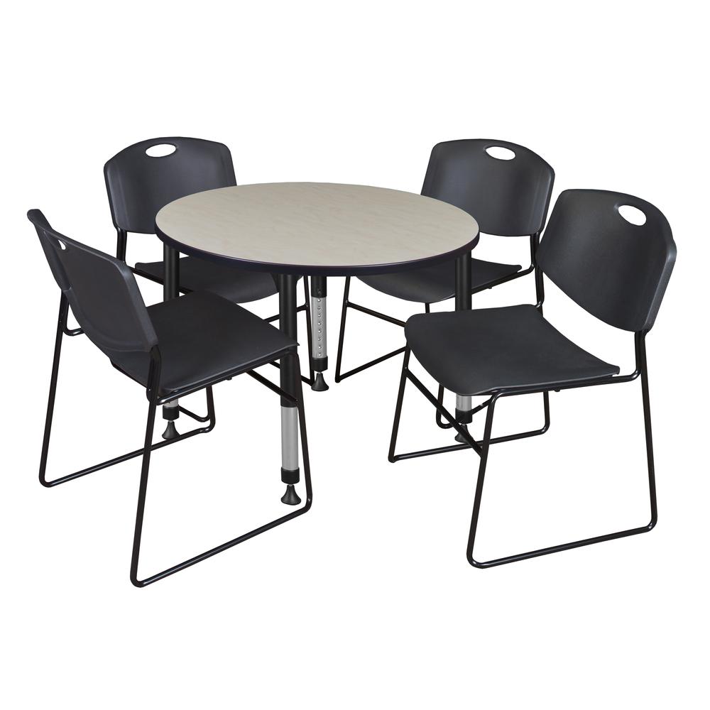 Kee 36" Round Height Adjustable Classroom Table - Maple & 4 Zeng Stack Chairs- Black. Picture 1