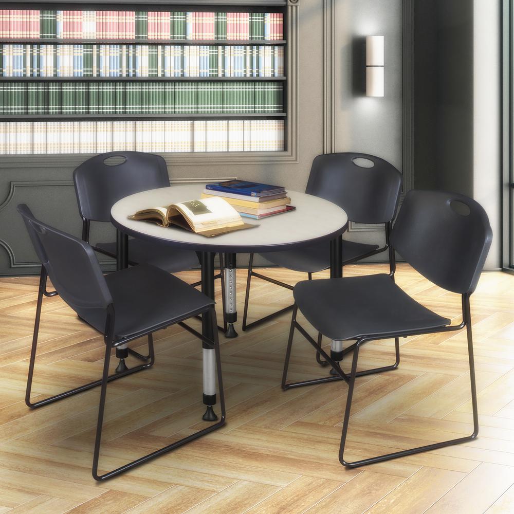 Kee 36" Round Height Adjustable Classroom Table - Maple & 4 Zeng Stack Chairs- Black. Picture 6
