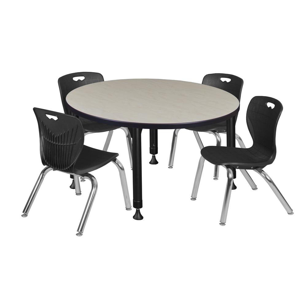 Kee 36" Round Height Adjustable Classroom Table - Maple & 4 Andy 12-in Stack Chairs- Black. Picture 1