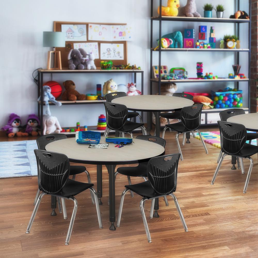 Kee 36" Round Height Adjustable Classroom Table - Maple & 4 Andy 12-in Stack Chairs- Black. Picture 6