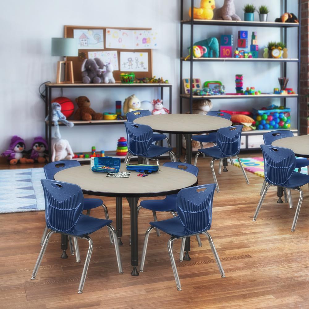 Kee 36" Round Height Adjustable Classroom Table - Maple & 4 Andy 12-in Stack Chairs- Navy Blue. Picture 6