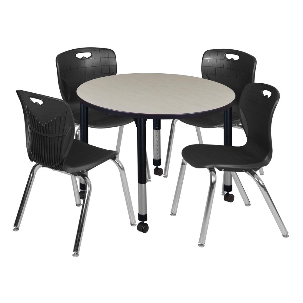 Kee 36" Round Height Adjustable Classroom Table - Maple & 4 Andy 18-in Stack Chairs- Black. Picture 1