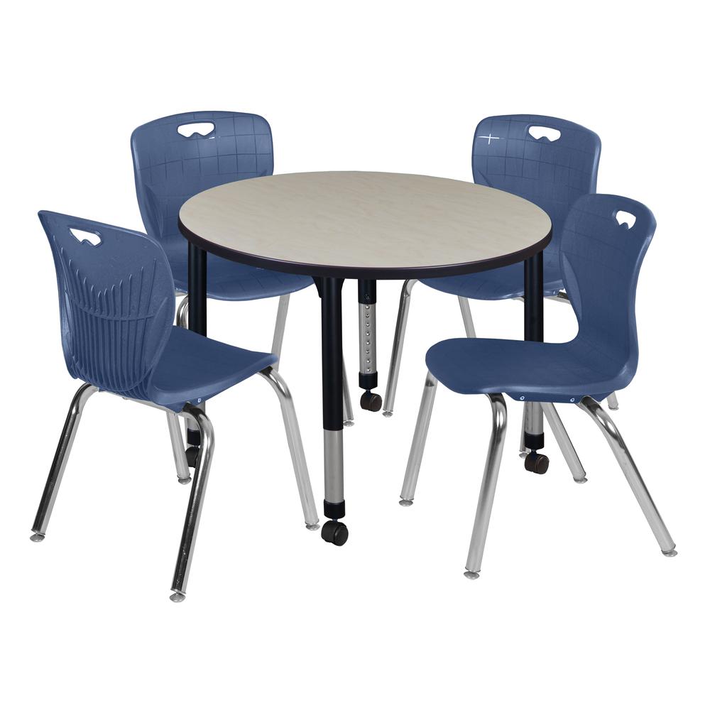 Kee 36" Round Height Adjustable Classroom Table - Maple & 4 Andy 18-in Stack Chairs- Navy Blue. Picture 1