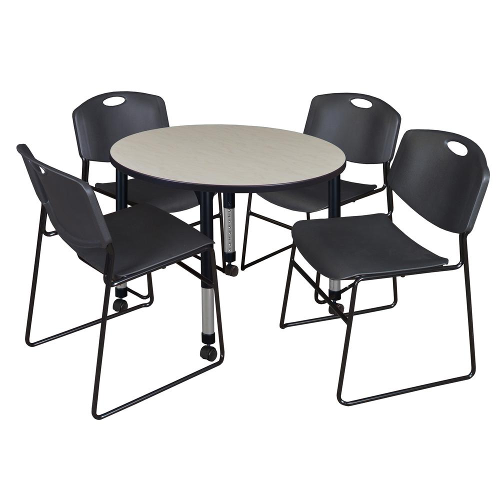 Kee 36" Round Height Adjustable Mobile Classroom Table - Maple & 4 Zeng Stack Chairs- Black. Picture 1