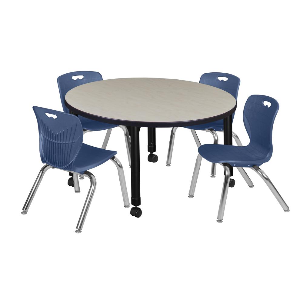 Kee 36" Round Height Adjustable Classroom Table - Maple & 4 Andy 12-in Stack Chairs- Navy Blue. Picture 1