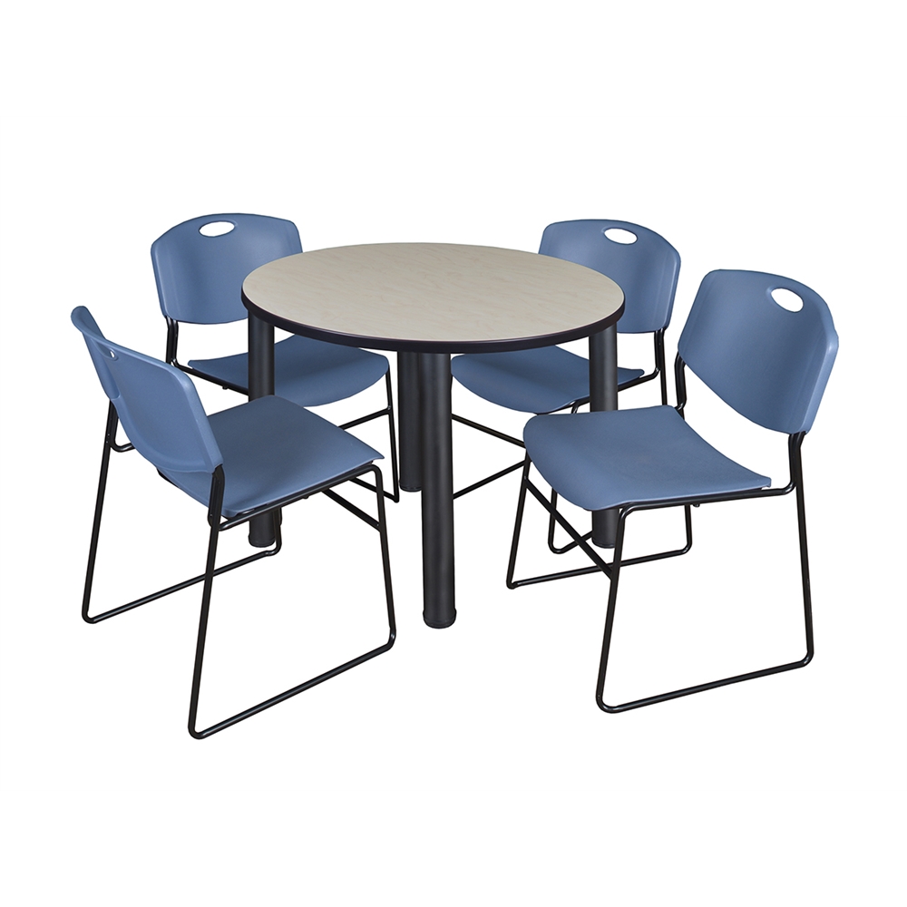 Kee 36" Round Breakroom Table- Maple/ Black & 4 Zeng Stack Chairs- Blue. Picture 1