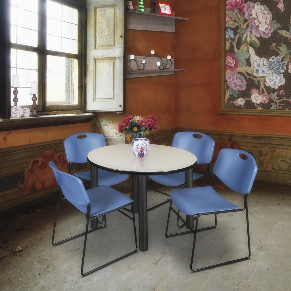 Kee 36" Round Breakroom Table- Maple/ Black & 4 Zeng Stack Chairs- Blue. Picture 2