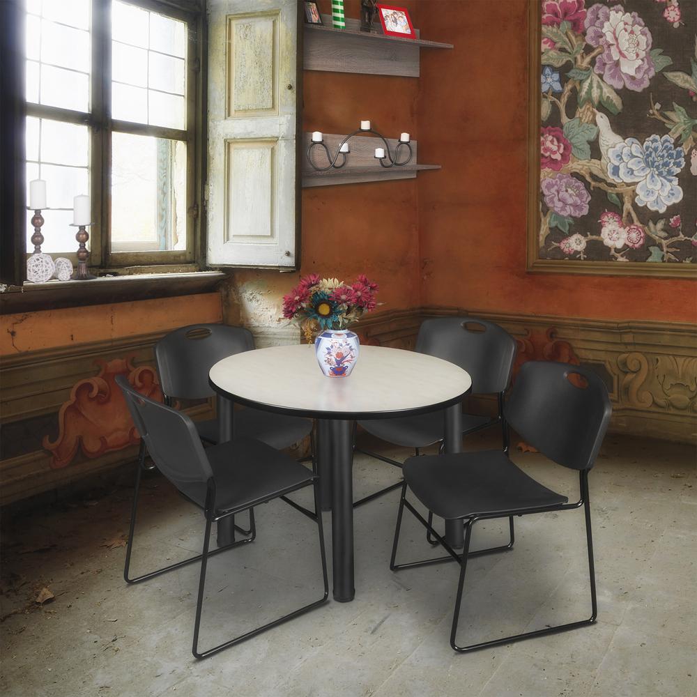 Kee 36" Round Breakroom Table- Maple/ Black & 4 Zeng Stack Chairs- Black. Picture 2