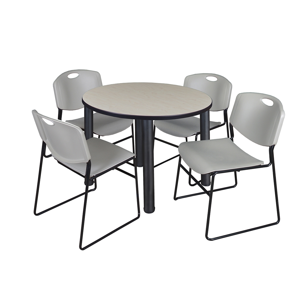 Kee 36" Round Breakroom Table- Maple/ Black & 4 Zeng Stack Chairs- Grey. Picture 1