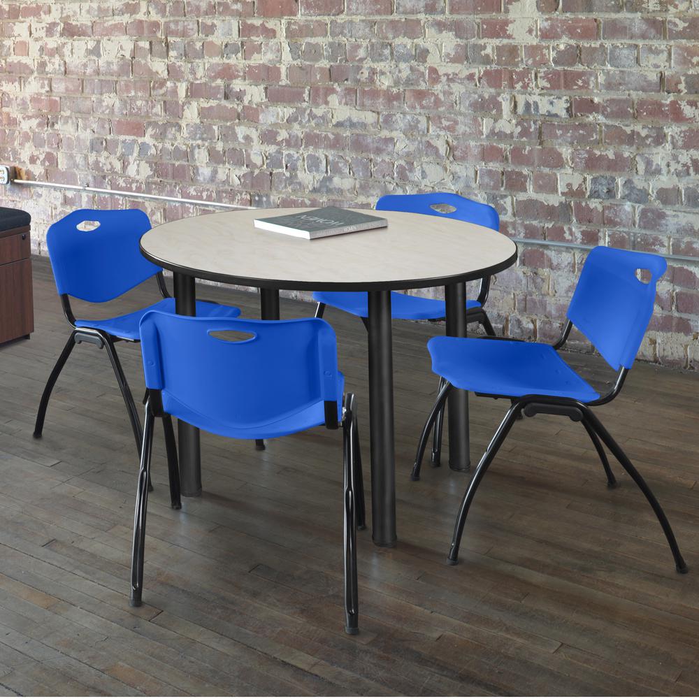Kee 36" Round Breakroom Table- Maple/ Black & 4 'M' Stack Chairs- Blue. Picture 2