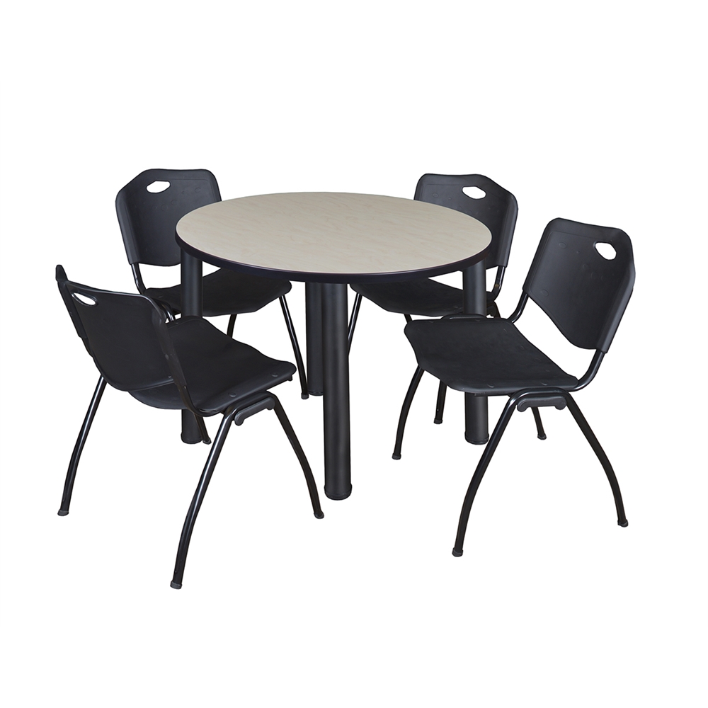 Kee 36" Round Breakroom Table- Maple/ Black & 4 'M' Stack Chairs- Black. Picture 1