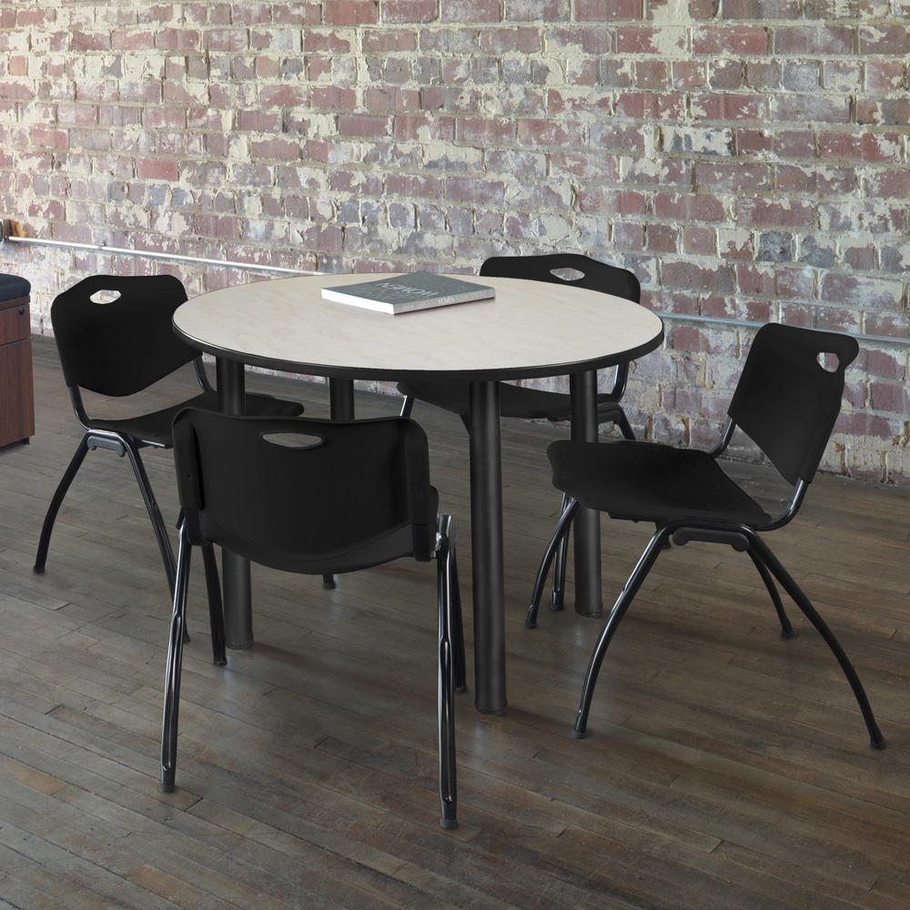 Kee 36" Round Breakroom Table- Maple/ Black & 4 'M' Stack Chairs- Black. Picture 2