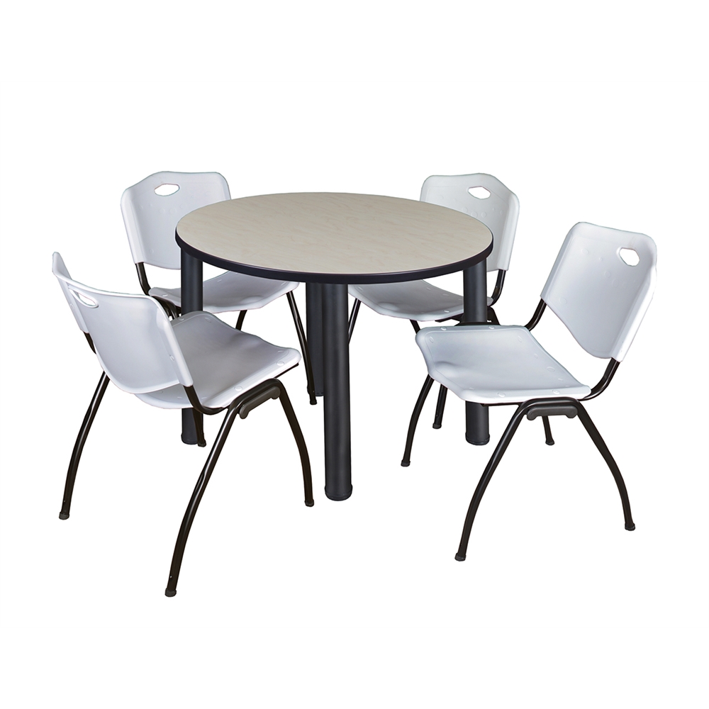 Kee 36" Round Breakroom Table- Maple/ Black & 4 'M' Stack Chairs- Grey. Picture 1