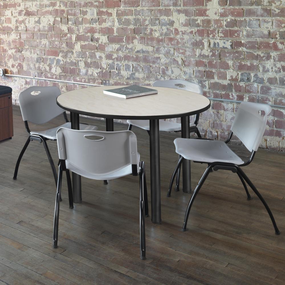 Kee 36" Round Breakroom Table- Maple/ Black & 4 'M' Stack Chairs- Grey. Picture 2