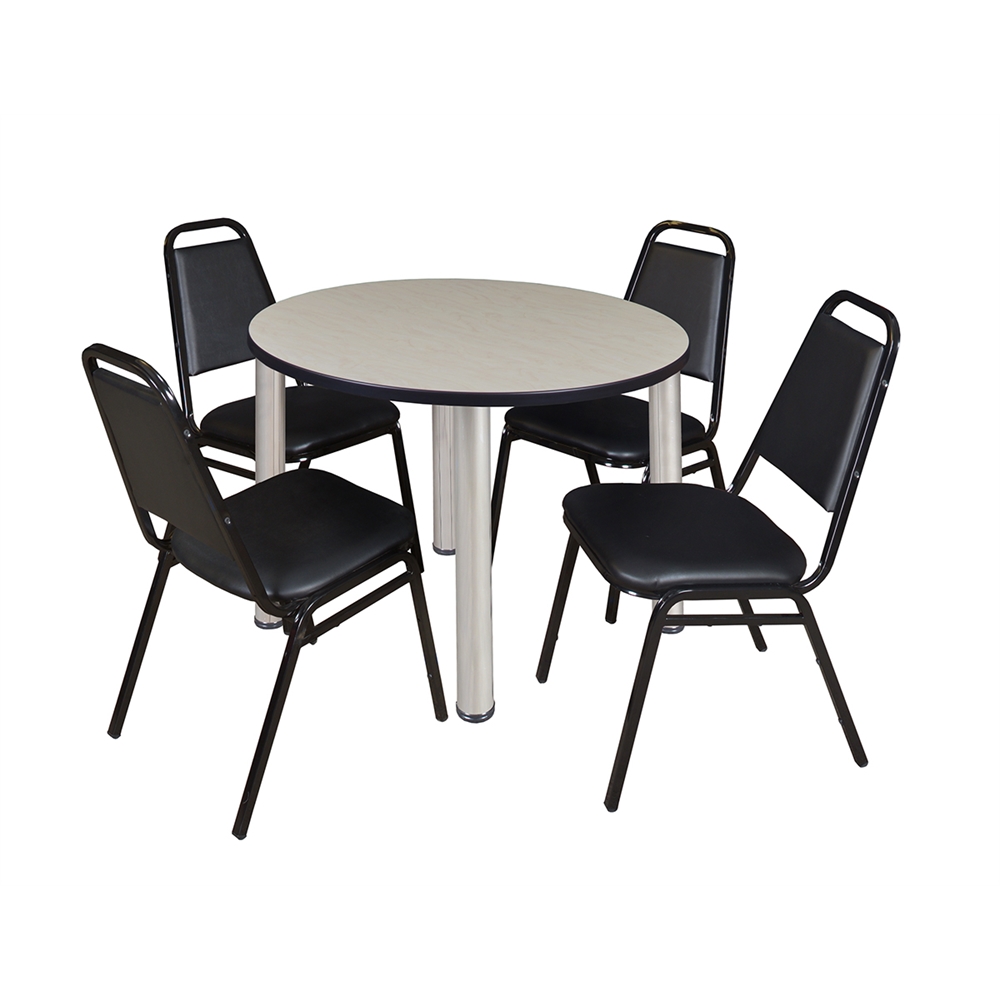 Kee 36" Round Breakroom Table- Maple/ Chrome & 4 Restaurant Stack Chairs- Black. Picture 1