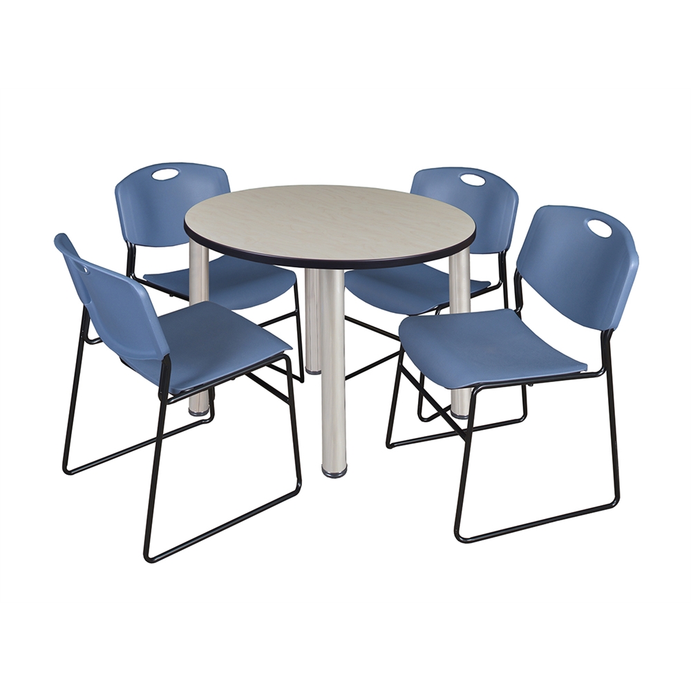 Kee 36" Round Breakroom Table- Maple/ Chrome & 4 Zeng Stack Chairs- Blue. Picture 1