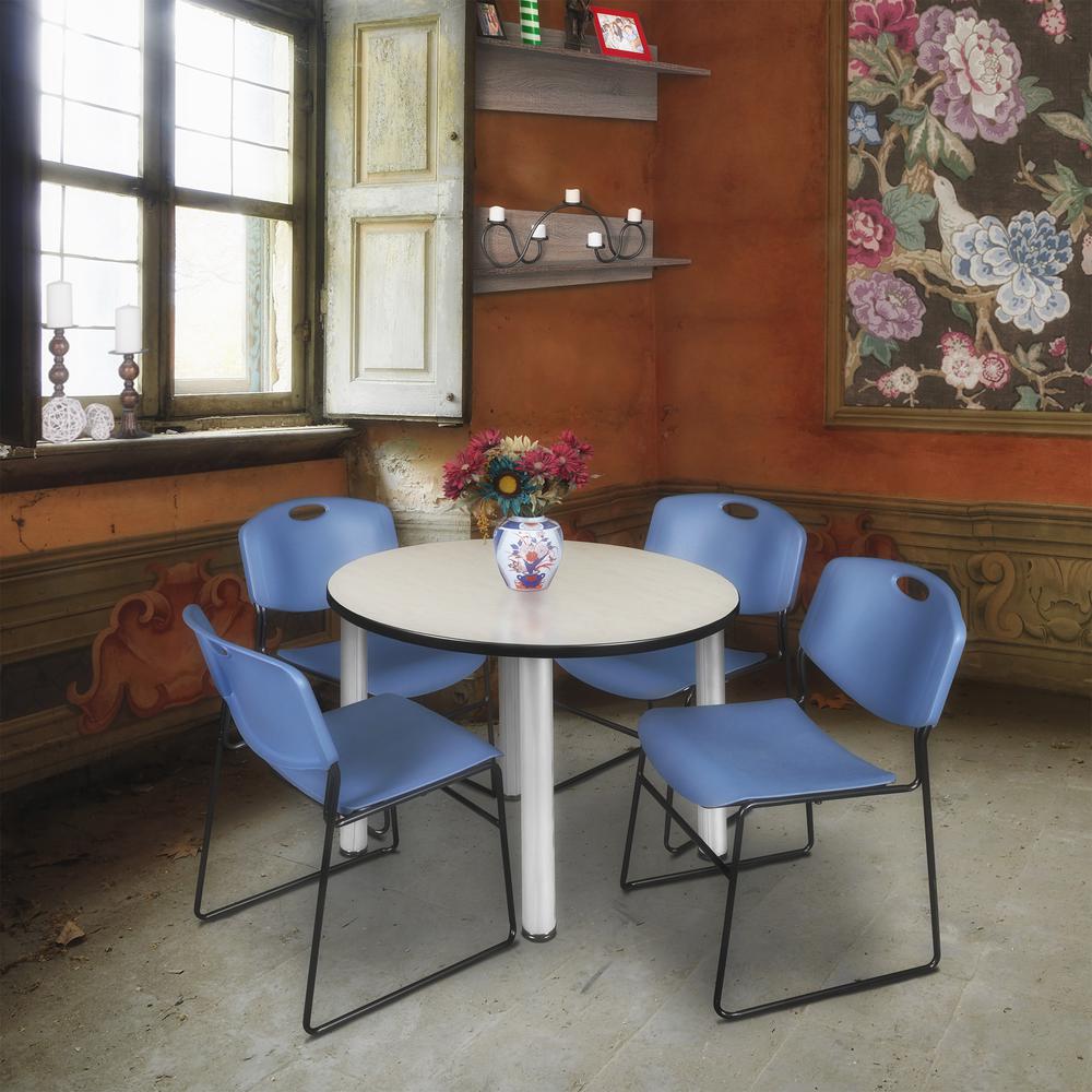 Kee 36" Round Breakroom Table- Maple/ Chrome & 4 Zeng Stack Chairs- Blue. Picture 2