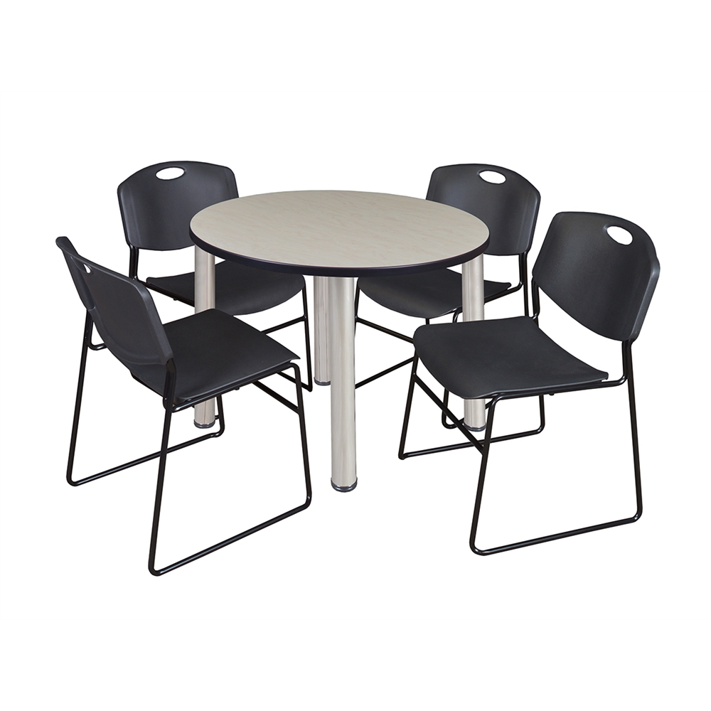 Kee 36" Round Breakroom Table- Maple/ Chrome & 4 Zeng Stack Chairs- Black. Picture 1