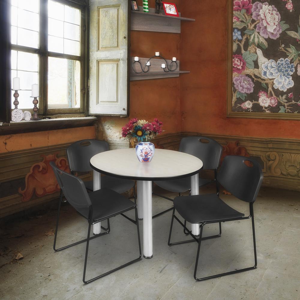 Kee 36" Round Breakroom Table- Maple/ Chrome & 4 Zeng Stack Chairs- Black. Picture 2